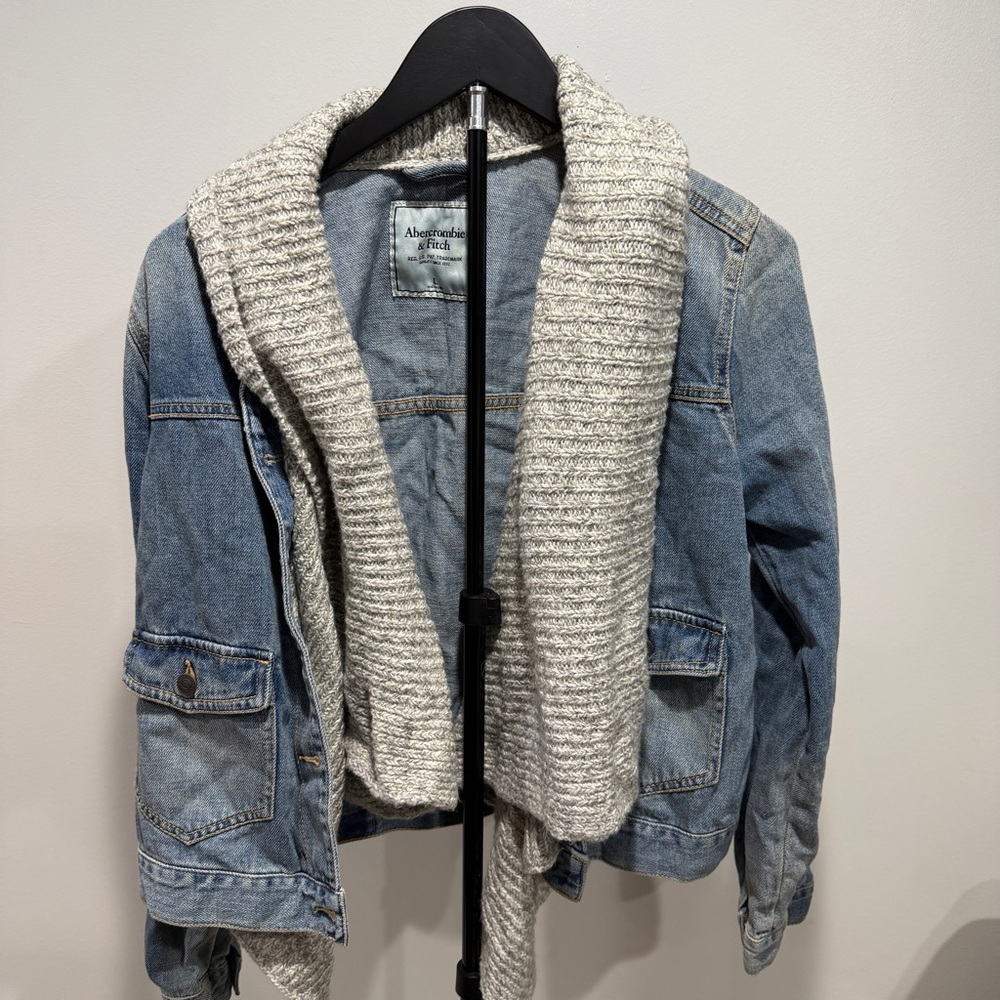 Abercrombie & Fitch Blue Jean Jacket with Gray Knit Collar